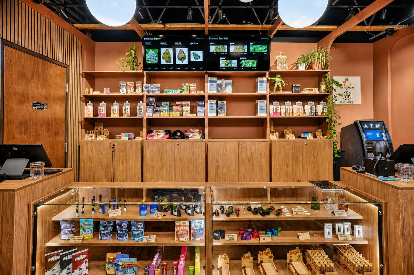 Inside Flowerz: shelves and display cases, where you pick up your order